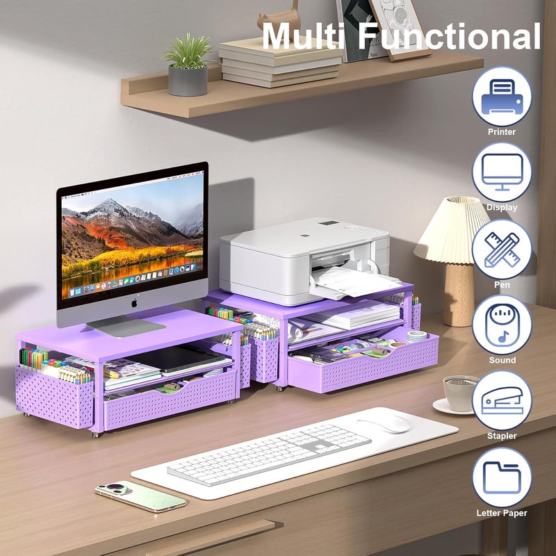 Spacrea Desk Organizer and Accessories, Computer Monitor Stand Riser with Drawer and 2 Pen Holders, Office Desk Accessories & Workspace Organizers for Office Supplies (Purple) - Image 4